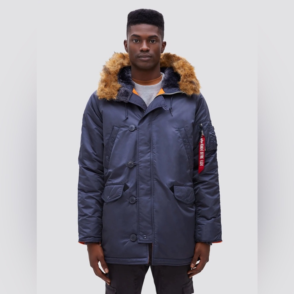 NWT - Alpha Industries Slim Fit N-3B Parka, Steel Blue/ Orange - Size 5XL